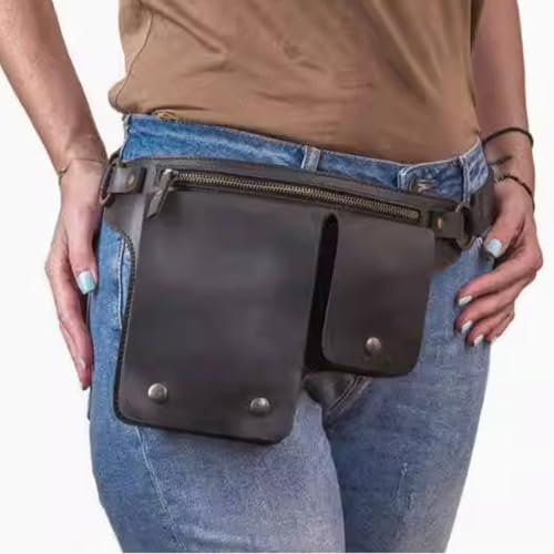 MDFCZXP Mittelalterliche Beuteltasche Vintage Gürteltasche - Mittelalterliche Ledergürteltasche - Herren und Damen Outdoor Snap Zipper Taschen,Schwarz,30cm