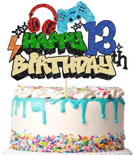 Gyufise 1Pcs 13th Birthday Video Game Cake Topper Gaming Level Unlocked Game On Controllers Cake Pick Decorations Game Theme Baby Shower 13th Birthday Anniversary Party Cake Decorations
