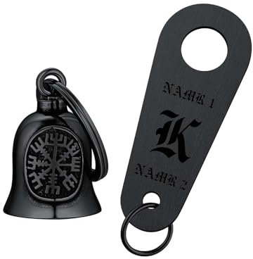 FaithHeart Personalisierte Motorrad Bell Glocke, Glücksbringer Wächterglocke für Motorrad, Schwarz Motorrad Schlüsselanhänger mit Wikinger Vegvisir Symbol,Wikinger Motorradglöcken für Biker