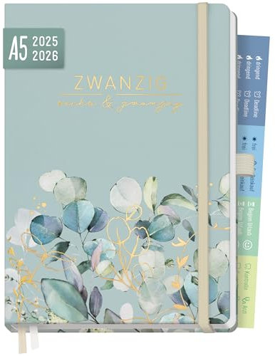 Häfft® Chäff-Timer Premium Kalender 2025/2026 A5 Minty Leaves Buchkalender, Terminplaner, Terminkalender, Wochenplaner, Wochenkalender 18 Monate: Juli 25 bis Dez 26 - nachhaltig & klimafreundlich