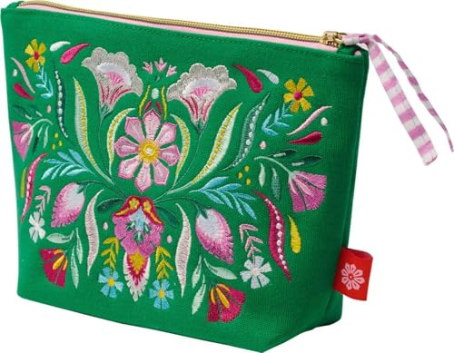 Fiesta del Sol Accessoirestasche bestickt, 18 x 24 cm, grün: Bunt bestickter Leinenstoff. Hochwertige Schminktasche oder Kulturbeutel. Geschenk für Freundin, Mutter, Tochter
