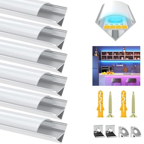 LED Profil für Led Stripes/Streifen/Strip, 6X1m Alu Profil V Form Eckprofil, LED Schiene, Led Leiste Kanal with Milchig Weißer Abdeckung, Indirekte Beleuchtung Decke Diffusor (Kein Led-Streifen)