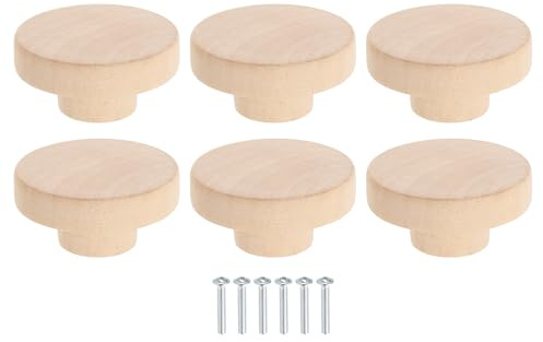 sourcing map 6Pcs Round Wood Drawer Knob, 2 Diameter Flat Round Dresser Knobs Wooden Knobs with Screws for Furniture Drawer Dresser Wardrobe Cupboard