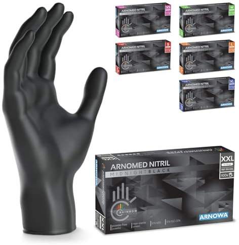 450 Stück (5x90) ARNOMED Einweghandschuhe Schwarz, Einmalhandschuhe XXL, Nitril Handschuhe Einweg, Nitrilhandschuhe puderfrei, Gummihandschuhe Einweg, Schutzhandschuhe Nitril XS, S, M, L, XL, XXL