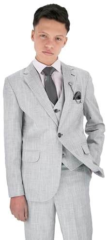 Boys Textured 8-Piece Formal 113 Gray Suit - Slim Fit for Pageboy, Wedding Sizes 13 Years UK