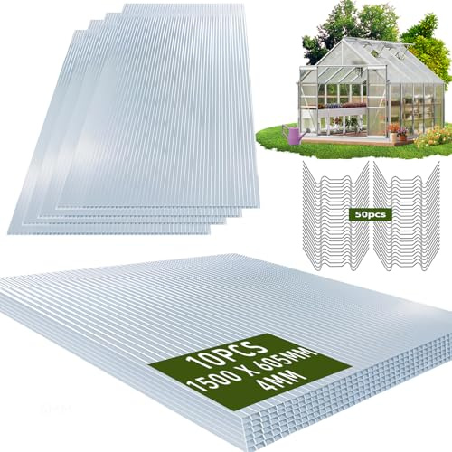 Warmfay 10x Polycarbonat Hohlkammerstegplatten 4mm, 1500X605mm Doppelstegplatten 9,07 m² mit 50x Klammern, Zuschneidbar Gewächshausplatte UV-beständigen für Gewächshaus Carports usw