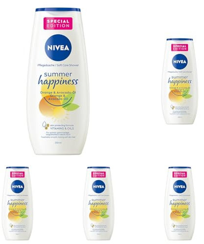 NIVEA Summer Happiness Orange Pflegedusche (250 ml), pH-hautneutrales Duschgel mit natürlichem Avocado-Öl, feuchtigkeitsspendende Cremedusche mit frischem Orangen-Duft (Packung mit 5)