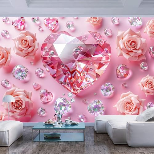 Fototapete 3D Effekt Tapeten Rosa herzförmiger Kristallrosendiamant Wanddekoration Schlafzimmer Wohnzimmer Tv Hintergrund Tv Die Wandbild