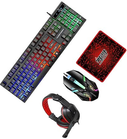 Yardenfun Conjunto De Teclado y Ratón Retroiluminado De Teclas Auriculares y Alfombrilla para Ratón para Gaming Oficina o Casa Teclado para