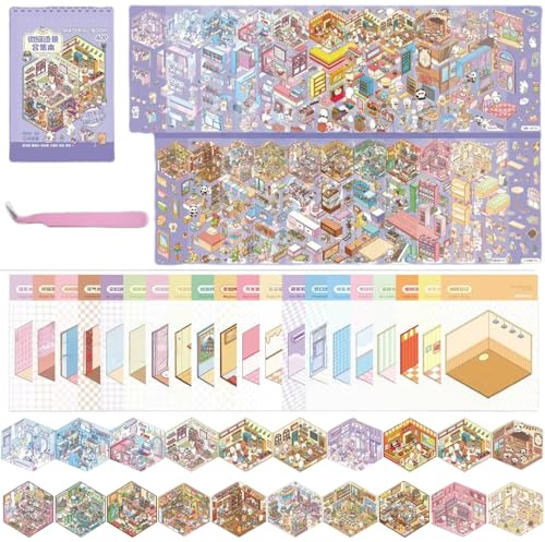 20 Set DIY 3D Aufkleber-Szenen,Lustiges Mini-Zimmer DIY 3D Haus Aufkleber-Set Buch,Geeignet für Erwachsene zur Therapie und zum Lindern von Stress und zum Zeit verbringen,um Stress vertreiben