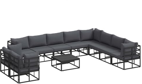 vidaXL Modulares Gartenmöbelset mit Tisch, schwarzem Aluminiumrahmen, anthrazitfarbenen Polyesterkissen, pulverbeschichtetem Finish, 5 Eckbänken, 1 Zentralelement.