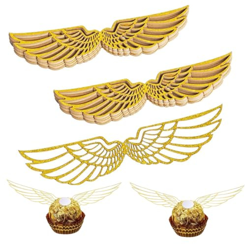 YUVKIN 50 Stück Flügel Kuchen Dekoration, Cupcake Topper, Flügel für Bonbons Kuchen Cupcakes Party Mottoparty (Gold Glitter, Gold glänzend)