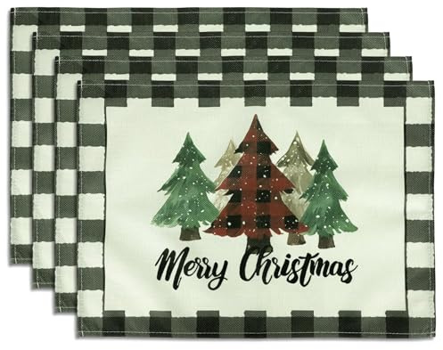 Christmas Tree Placemats Set of 4, 45x32cm/17.7x12.6in Green & Red Buffalo Plaid Merry Christmas Place Mats Winter Holiday Table Mats Xmas Decorations for Home Kitchen Dining Party Table Decor