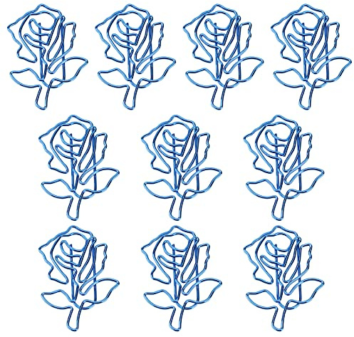 OVAQUIXI Blue Rose Paper Clips, Metal Iron Wire, 4.4 X 3cm, Decorative Flower Shape, Office Document Organizer with Storage Box, 10 Pack