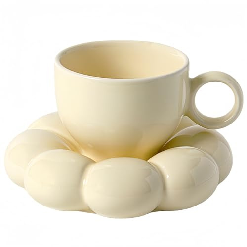 Vyloky Ensemble tasse et sauce en forme de nuage avec sous-verre floral, 200 ml, élégante tasse à café en céramique pour la maison, idée cadeau, 5 couleurs (beige nuage)