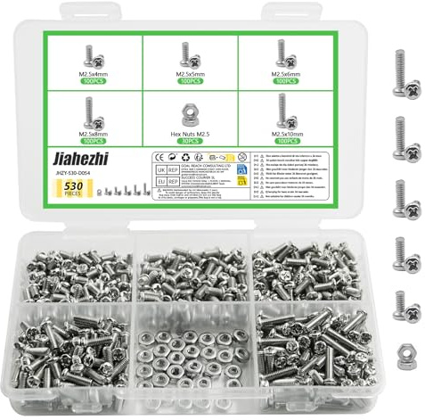 530 Pcs M2.5 Metric Micro Screws & Nuts Assortment, 304 Stainless Steel Phillips Pan Head Fully Threaded Kit for Arduino, RC Models, Electronics, DIY Projects - High Quality Fasteners