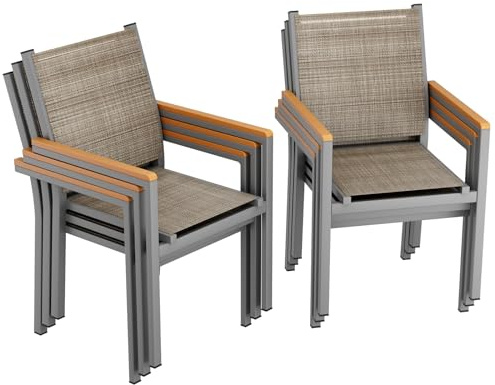 LIFERUN Gartenstuhl 6er Set, Aluminium, Stapelbarer Esszimmerstuhl Textilene, WPC Handlauf, Balkonstühle, für Terrasse, Balkon, Terrasse, Pool, Restaurants, Wetterfest, Leinenbraun, 6 PCS
