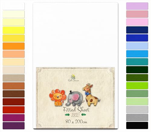 Soft Dream Spannbettlaken 80x200 cm - Premium Qualität - 100% gekämmte Baumwolle Jersey -Spannbetttuch für Kinderbett Juniorbett - OekoTex Zertifiziert - Made in EU - Weiss