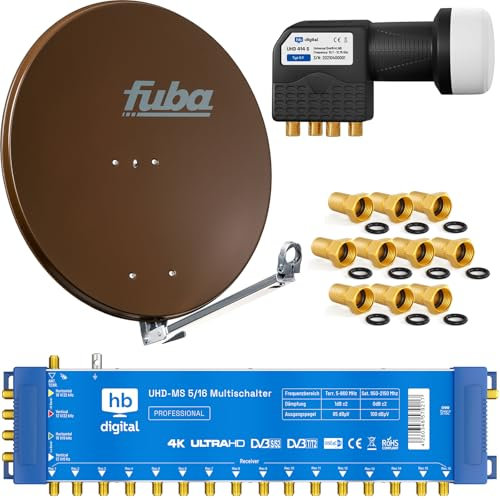 Profi-Sat-Anlage: Fuba 80cm Satellitenantenne DAL 800B braun Aluminium Reflektor + HB-DIGITAL 5/16 Multischalter (1 Satellit / 16 Teilnehmer Multiswitch) + UHD Quattro LNB + vergoldete F-Stecker