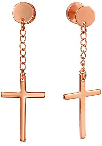 Flongo Herren Kreuz Ohrringe Edelstahl fake tunnel Stecker mit hängend Kreuz Kruzifix cross Baumeln Ohrschmuck land Kette Ohrhänger für Damen Männer piercing Anhänger rosegold