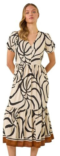 Roman Originals Linear Border Shirt Dress for Women UK - Ladies Everyday Holiday Spring Summer V-Neckline Comfy Soft Evening Vacation Work Party - Ivory - Size 12