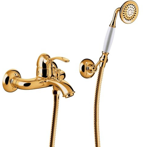 Tres-Classic Einhebel-Duscharmatur, Antikalk-Handbrause mit schwenkbarer Halterung und Doppelschlauch, Griff, 19,3 x 22 x 7 cm, goldfarben (Referenz: 24217001OR)