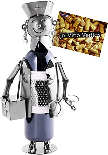 BRUBAKER Weinflaschenhalter Krankenschwester - Metall Skulptur Flaschenständer - 23 cm - Wein Geschenk auch für Gesundheitspflegerin Krankenpflegerin - mit Grußkarte