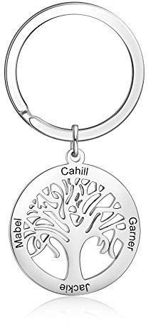 Kaululu Arbre de la Vie Porte-clés Personnalisé avec 4 Noms Gravure Acier Inoxydable Keychain Keyring Cadeau pour Anniversaire/Anniversaire/Saint Valentin