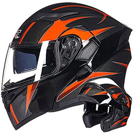 Motorrad Modularer Helm mit doppelter Anti-Fog-Linse Motorrad helme D.O.T Integralhelm Moped Roller Klapphelm Schutzhelm für Herren & Damen (Schwarz-Orange Kohlefaserstruktur) (55~57cm M)