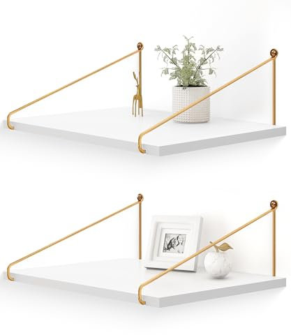 Afuly Wandregal Weiß Holz Gold Metall Regal Wand 42x30cm Breit Regale für Wände Badezimmer Küche Schlafzimmer Wohnzimmer 2er Set