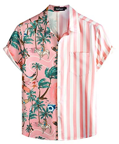 VATPAVE Herren Flamingo Hawaii Hemd Männer Freizeit Kurzarmhemd Sommer Strandhemd Festival X-Large Rosa Insel