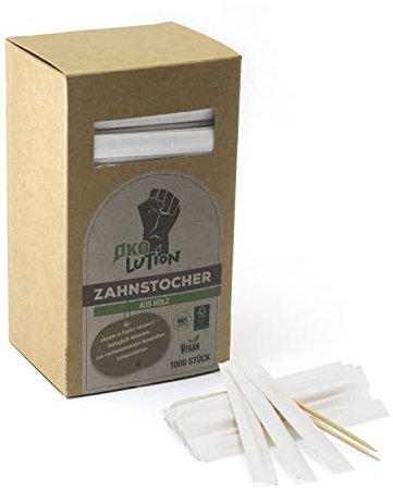 Palillos Ökolution de madera de abedul, natural, 1.000 piezas, envueltas individualmente en papel, aprox. 6,5 cm, de madera sostenible FSC, embalaje ecológico, 525
