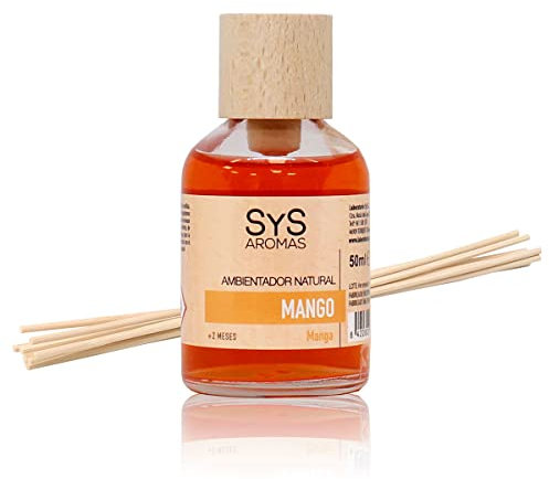 SYS Aromas Ambientador Mikado Mango - Difusor con Varillas de Ratán - Larga Duración - Ideal para Hogar, Oficina, Baño - 50 ml con 8 Varillas