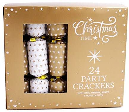 Pack Of 24 Mini Christmas Party Catering Crackers Gold & White Star Design Dinner Party Cracker 20.5cm