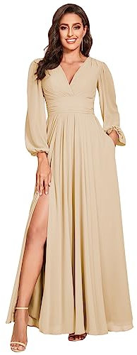 vintys Women's V-Neck Bridesmaid Dresses with Long Sleeves Split Pleats Chiffon Formal Evening Party Dress for Wedding VT001, Champagne, 20 Plus