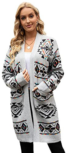 HEYPORK Damen Herbst Winter Warm Bequem Jacke Casual Mode übergangsjacke Mantel Frauen Herbst/Winter Bauchfreie und Dünne Lange Jacke Aus Rautenstrick(Grau, L)