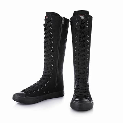 VALINK Stivali alti da donna, alla moda, in tela, stivali da ballo alti al ginocchio, con cerniera laterale, con lacci, scarpe da donna, stivali neri aumentati