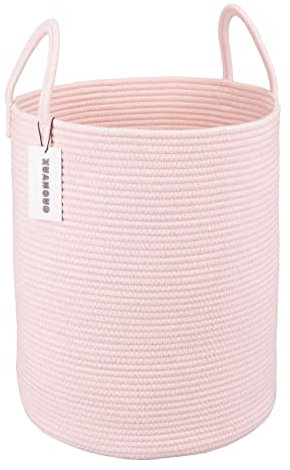 XUANGUO Cotton Rope Laundry Basket Hamper for Girls Kids Baby Nursery Hamper Bin Woven Storage Basket for Living Room Girls room Boho Tall Rope Baskets for Blanket Toys Large light pink