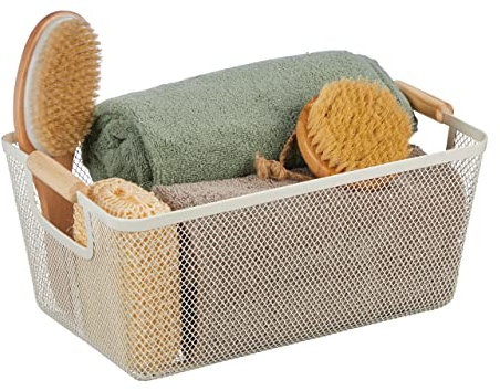 Relaxdays Drahtkorb mit Holzgriffen, eckig, Aufbewahrungskorb Metall, HBT: 16,5 x 37 x 22,5 cm, Korb Küche & Bad, weiß, 1 Stück
