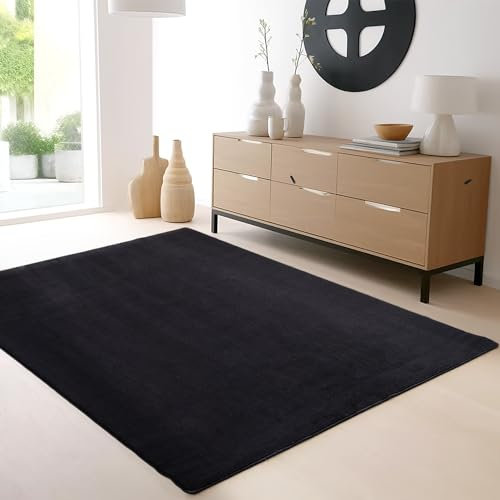 SIMPEX Teppich Wohnzimmer Schlafzimmer Esszimmer Läufer Flur Flauschiger Teppich Waschbar rutschfest Soft Weich Carpet Kurzflor Größen, Schwarz, 200 x 290 cm
