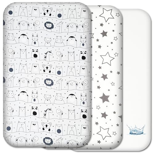 Next to Me Crib Sheets - 3pc Crib Fitted Sheet Set - 2 Fitted Cotton Sheets and 1 Waterproof Mattress Protector for Bedside Cribs - 100% Organic Cotton - Made in Europe (Grey Animals&Stars, 83x50cm)
