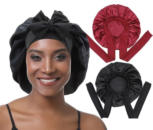 EBONNT 2 Stück Satin Bonnet Schlafhaube Verstellbare Silk Bonnet Seidenhaube Seide Locken Atmungsaktive Seide Schlafmütze Schlafen Weiche Satin Haube für Damen Mädchen (red&Black)