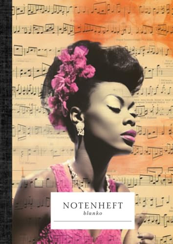 Notenheft blanko DIN A4: 110 Seiten leere Notenblätter mit 12 Notensystemen, Vintage Jazz Style