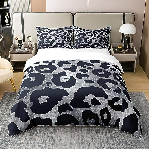Grau Leopard 100% Bio-Baumwolle Bettbezug 135x200,Geparden Druck Bettwäsche Set für Frauen,Graue Krawatte Dye Tröster Bezug,Safari Tier Grunge Schwarz Bett Sets mit 1 Kissenbezug Home Room Decor