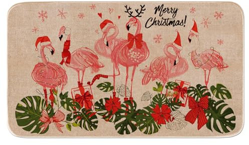 Whaline Fußmatte mit Aufschrift Merry Christmas, rosa Flamingo, rutschfest, dekorative Bodenmatten, Eingangstür, Teppiche für Weihnachten, Zuhause, Haustür, Badezimmer, Veranda, Dekoration, 43,2 x