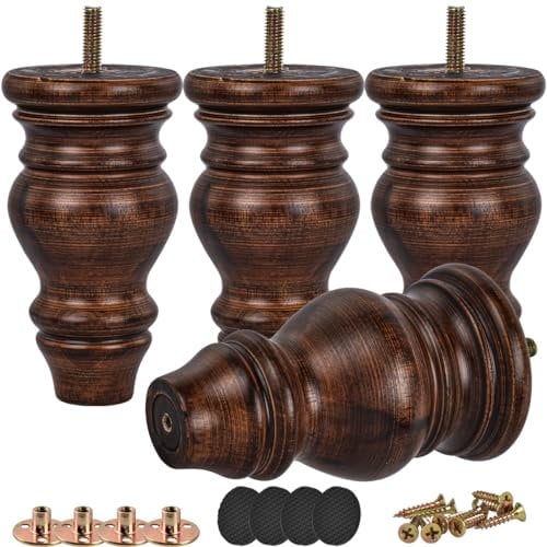 Btowin 4.8 Inch / 12cm Solid Wood Furniture Legs, 4Pcs Glaze Turned Round DIY Replacement Wooden Bun Feet with Mounting Plate & Screws for Sofa Couch Ottoman Chair Sofa