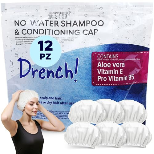 Drench! Haarwaschhauben 12x Haar Shampoo Cap - 12er Pack - Haare Waschen ohne Wasser - Waschhaube mit Conditioner - Mit Aloe Vera Vitamin E und Provitamin B5