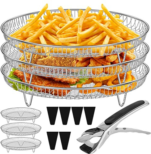Air Fryer Rack for Ninja 3 Layers Stainless Steel Stacking Bacon Racks with 6 Heightening Feet 1 Clip Round Air Fryer Dehydrator Rack Air Fryer Accessories for 4.2QT-5.8QT Air Fryer Baking (Round)