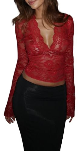 Caziffer Women Lace Crop Tops Fairy Grunge V Neck See Through Sheer Mesh T Shirt Punk Slim Fit Long Sleeve Shirt (B Red, S)