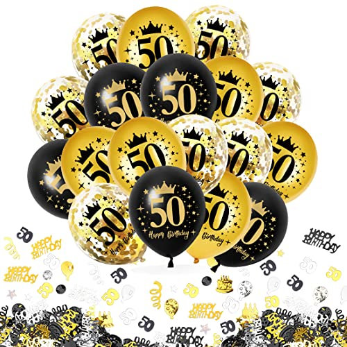 30 Stück 50 Geburtstag Deko Schwarz Gold, Luftballons 50. Geburtstag mit Konfetti, 50. Schwarz Gold Konfetti Zahlenballon, 50 Happy Birthday Deko für Männer Frauen Jubiläum Geburtstags Party Tisch